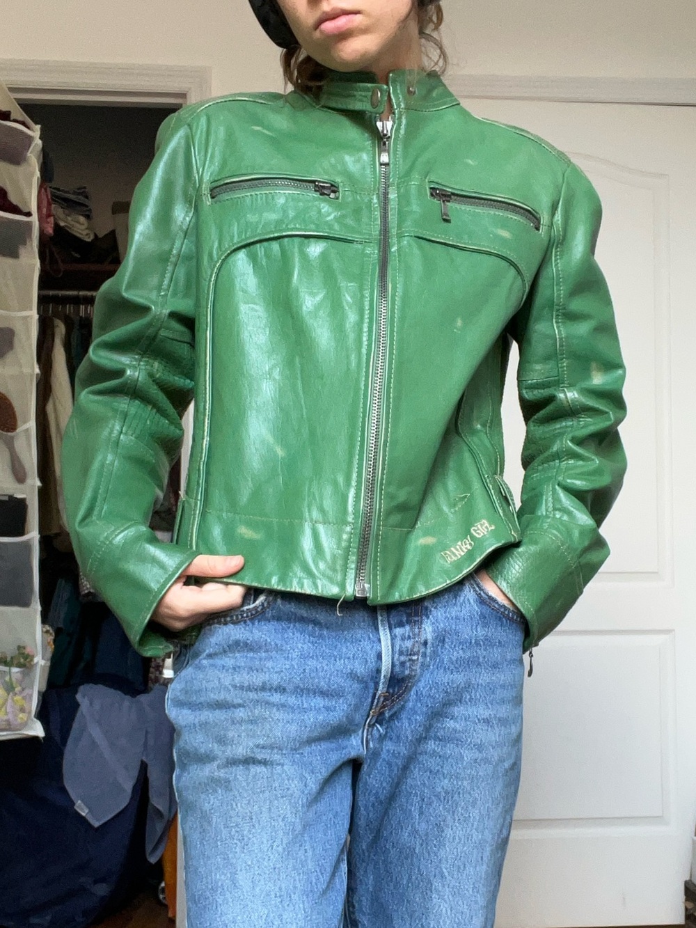 Funky Girl bold Green Leather moto racing Jacket
